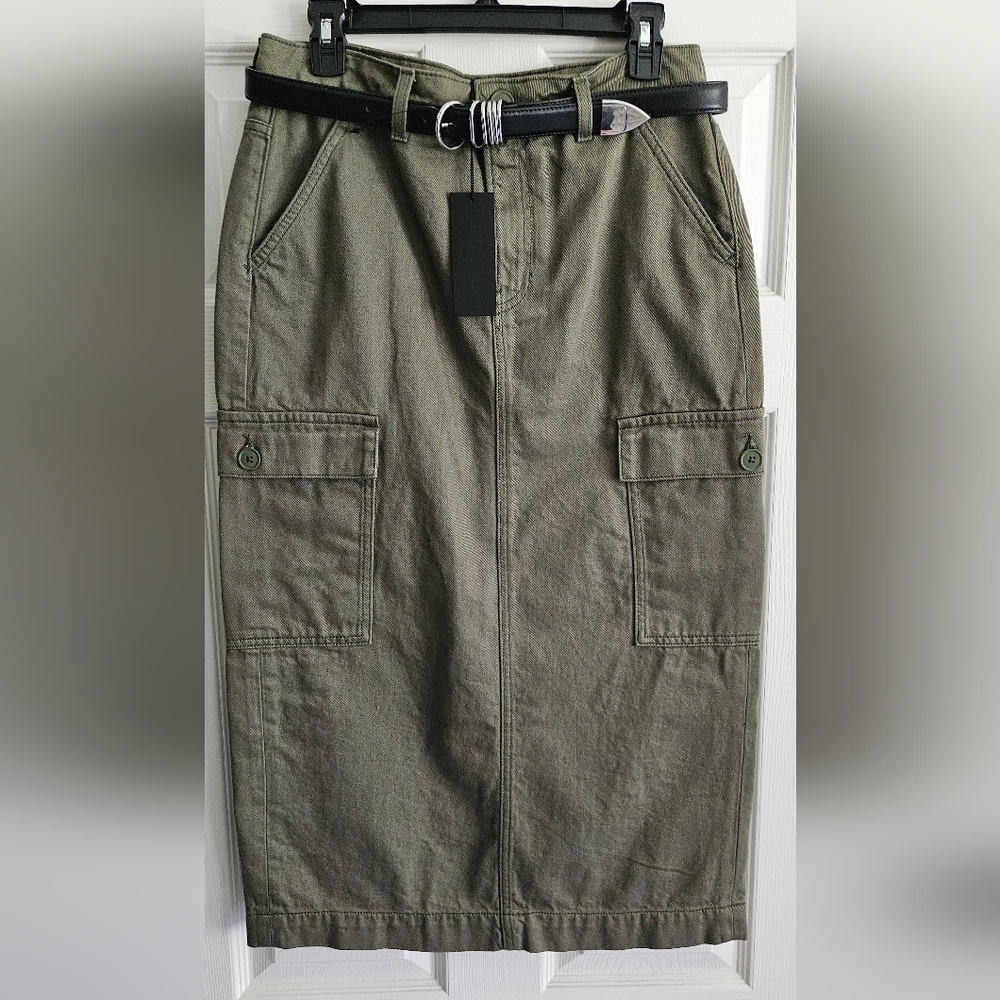 Gianni Bini High Rise Belted Midi Denim Cargo Skirt: Color-Olive/Black: Size- 28